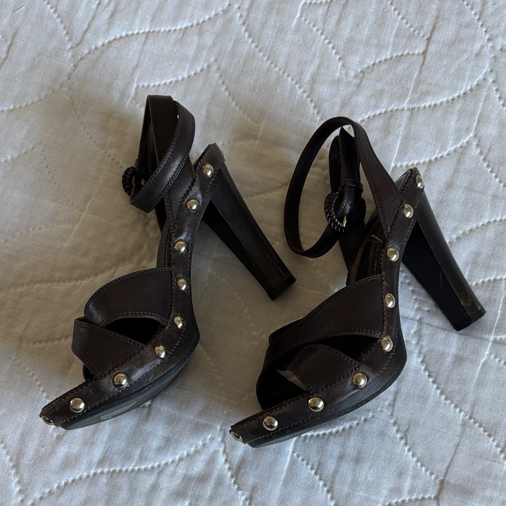 Vintage YSL Wood Stud Sandals Heels - Picture 5 of 16